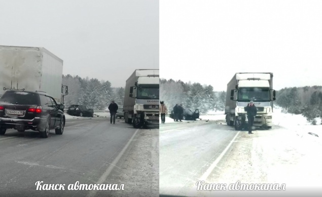«Приору» на трассе под Канском ударило об ограждения и вынесло под КАМАЗ
